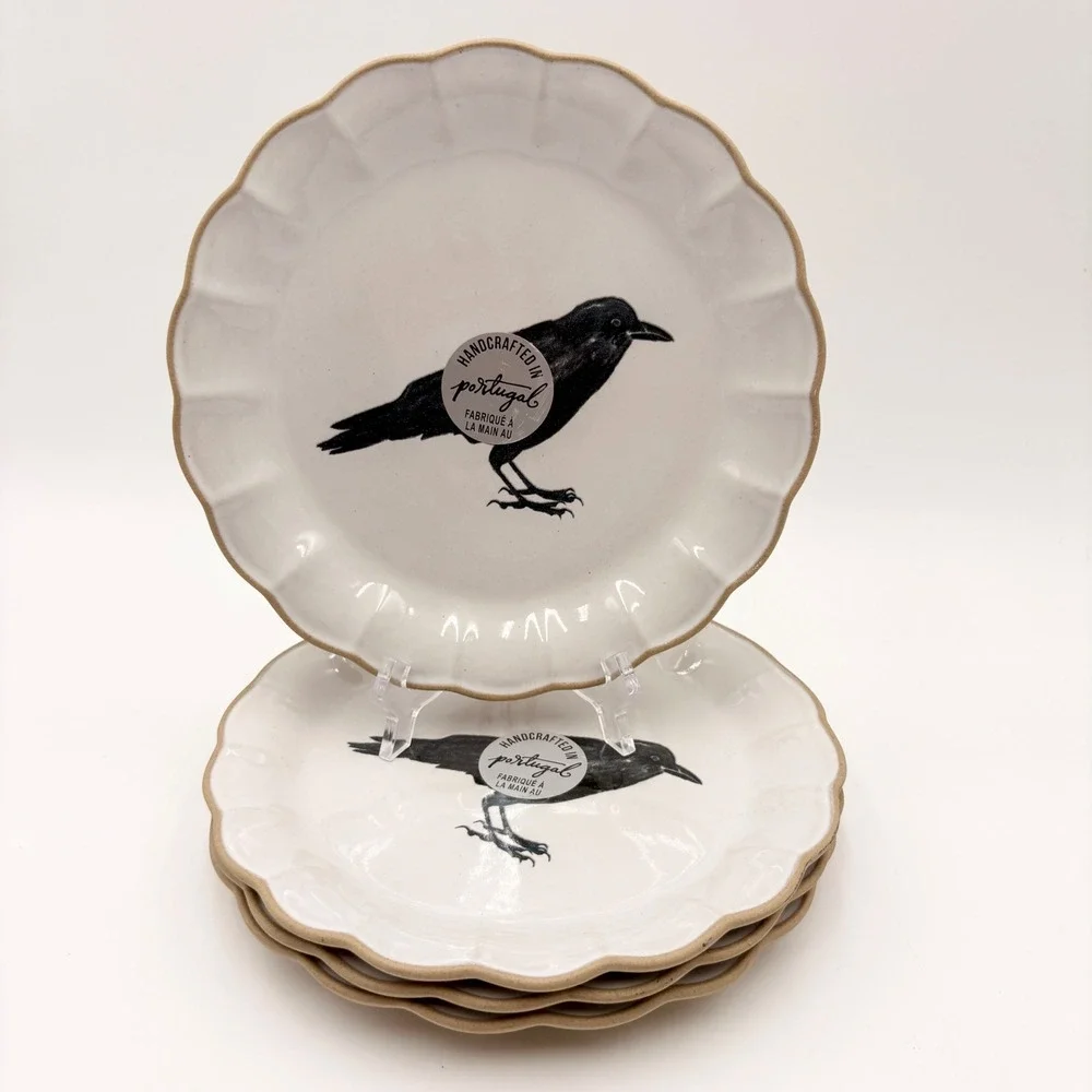 Vagos Portugal Stoneware Raven Scalloped Halloween Plates Set of 4 Salad Dessert